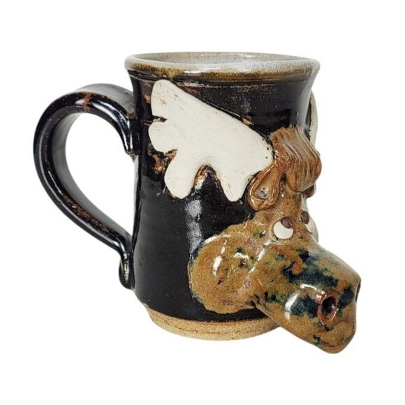 Vintage 80s Stoneware Studio Art Pottery 3D Moose Coffee Mug Cup Signed - Picture 2 of 9